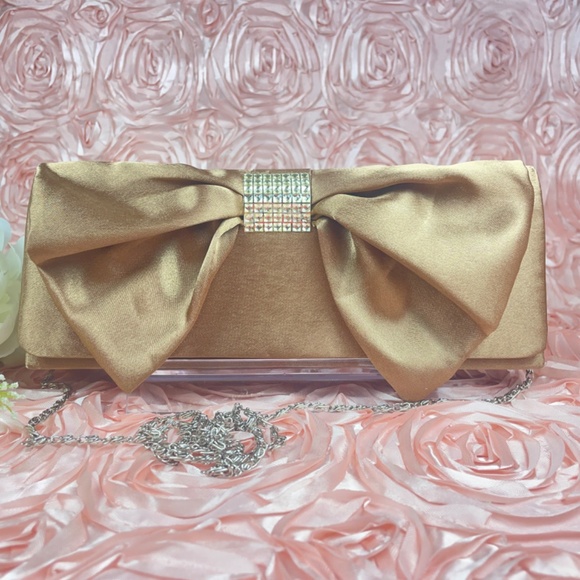 Bijoux Terner Mocha Colored Satin Evening Bag with Bow and Sparkly Details - Picture 3 of 17